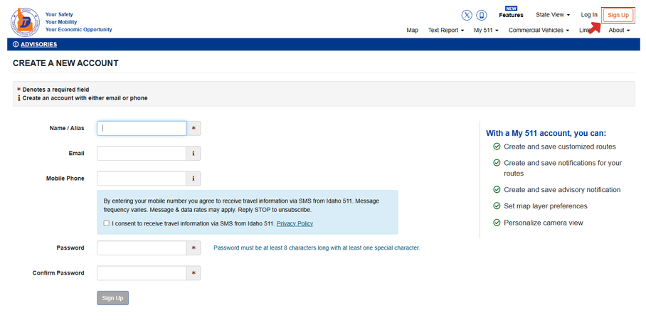 Signing up with Idaho 511